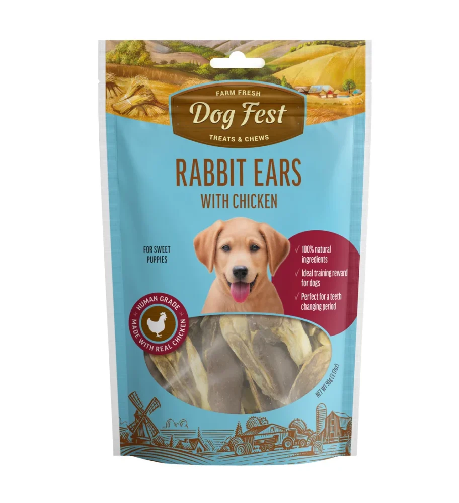 Dog Fest Rabbit Ears With Chicken For Puppies – 90g (3.17oz)